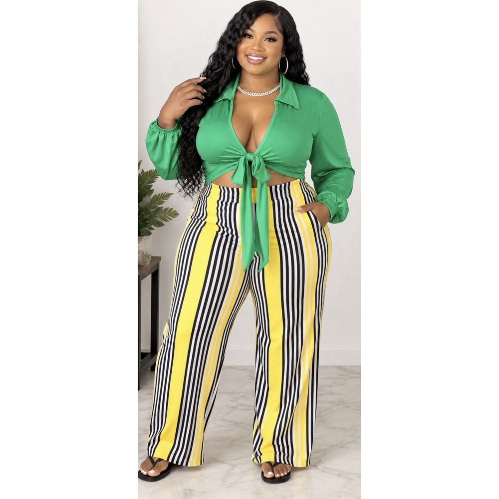 Women's 2 Pc Green Tie Front Top Striped Wide Leg Pants Set Size L I168